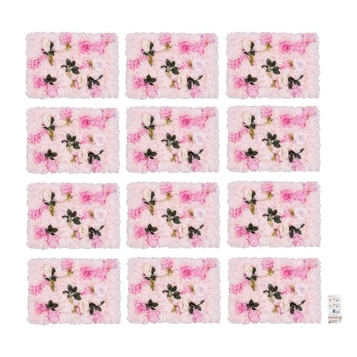 LOYALHEARTDY 4 Pack Artificial Flower Wall Panels 24" x 16" Blue & White Faux Hydrangea and Rose Artificial Flower Backdrop Panels for Wedding Party Event Flower Wall Decor - 12 Pcs, Light Pink+leaf