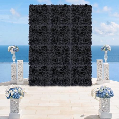 12 Pcs Artificial Flower Wall Panels, 23.6x15.74 Inch Flower Wall Mat Silk Flowers Panels for Wedding Backdrop Outdoor Garden Fence Photo Background Home Party Decor (Pink) - Black-2