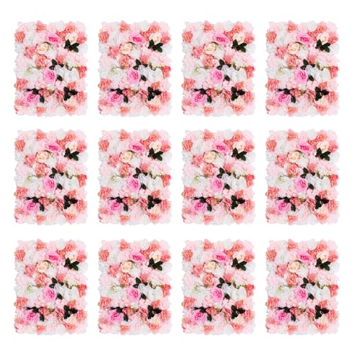 LOYALHEARTDY 4 Pack Artificial Flower Wall Panels 24" x 16" Blue & White Faux Hydrangea and Rose Artificial Flower Backdrop Panels for Wedding Party Event Flower Wall Decor - 12 Pcs, Pink+white+leaf
