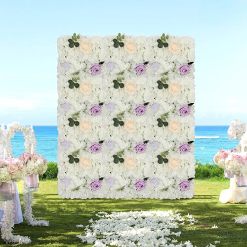 12 Pcs Artificial Flower Wall Panels, 23.6x15.74 Inch Flower Wall Mat Silk Flowers Panels for Wedding Backdrop Outdoor Garden Fence Photo Background Home Party Decor (Pink) - White+purple-2