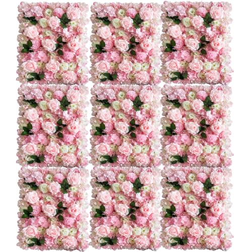 12 Pcs Flower Wall Panel, 24" x 16" Artificial Rose Hydrangea Backdrop, 3D Heavy Duty Faux Silk Floral Backdrop with 100 Zip Ties for Wedding Event Party Home Patio Decoration - Pink