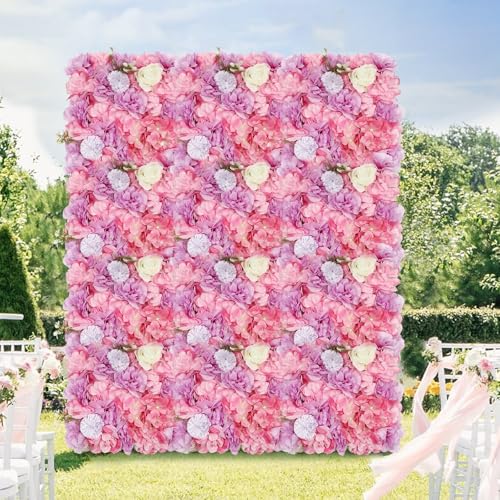 12 Pcs Artificial Flower Wall Panels, 23.6x15.74 Inch Flower Wall Mat Silk Flowers Panels for Wedding Backdrop Outdoor Garden Fence Photo Background Home Party Decor (Pink) - White