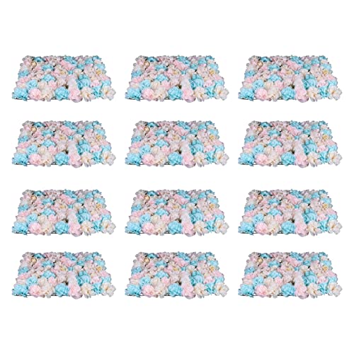 LOYALHEARTDY 4 Pack Artificial Flower Wall Panels 24" x 16" Blue & White Faux Hydrangea and Rose Artificial Flower Backdrop Panels for Wedding Party Event Flower Wall Decor - 12 Pcs, Blue+pink+yellow
