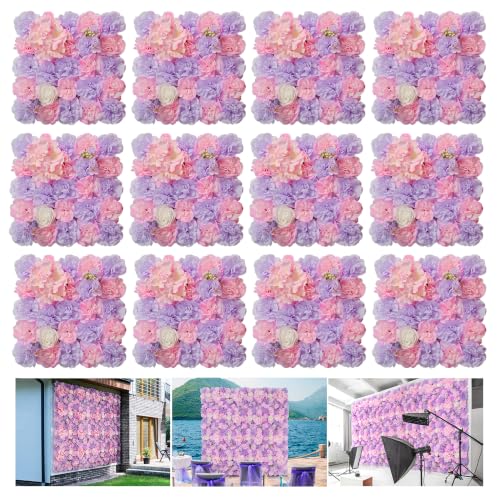 12pcs Flower Wall Backdrop16.5 x16.5 Artificial Floral Panels-White - Pink and Purple / 16.5inch
