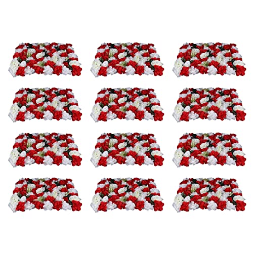 LOYALHEARTDY 4 Pack Artificial Flower Wall Panels 24" x 16" Blue & White Faux Hydrangea and Rose Artificial Flower Backdrop Panels for Wedding Party Event Flower Wall Decor - 12 Pcs, Red+white