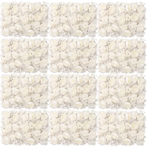 12 Pcs Flower Wall Panel, 24" x 16" Artificial Rose Hydrangea Backdrop, 3D Heavy Duty Faux Silk Floral Backdrop with 100 Zip Ties for Wedding Event Party Home Patio Decoration - White