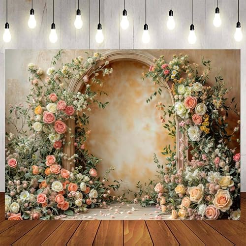 7x5ft Pink Rose Floral Flower Wall Backdrop Girls Wedding Birthday Bridal Shower Kids Portrait Background Photoshoot Cake Table Tea Party Photoshoot Decorations Photo Studio Props - 7X5FT / Orange