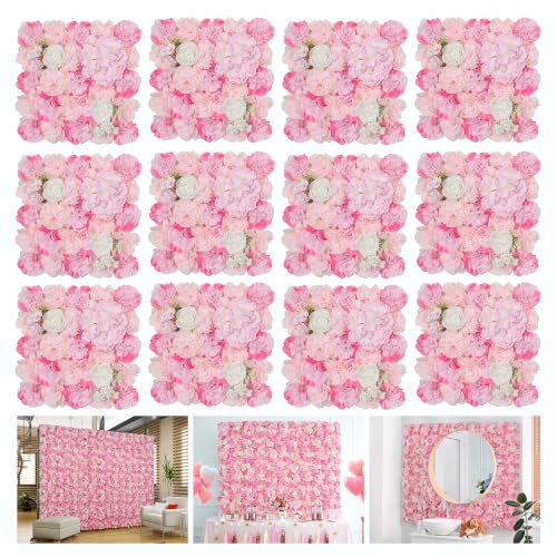 12pcs Flower Wall Backdrop16.5 x16.5 Artificial Floral Panels-White - Pink / 16.5inch