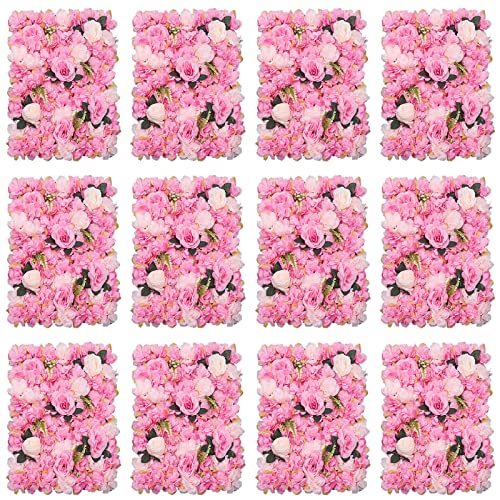 LOYALHEARTDY 4 Pack Artificial Flower Wall Panels 24" x 16" Blue & White Faux Hydrangea and Rose Artificial Flower Backdrop Panels for Wedding Party Event Flower Wall Decor - 12 Pcs, Pink+leaf