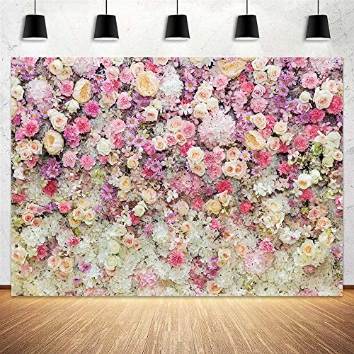7x5ft Pink Rose Floral Flower Wall Backdrop Girls Wedding Birthday Bridal Shower Kids Portrait Background Photoshoot Cake Table Tea Party Photoshoot Decorations Photo Studio Props - 7X5FT / Pink