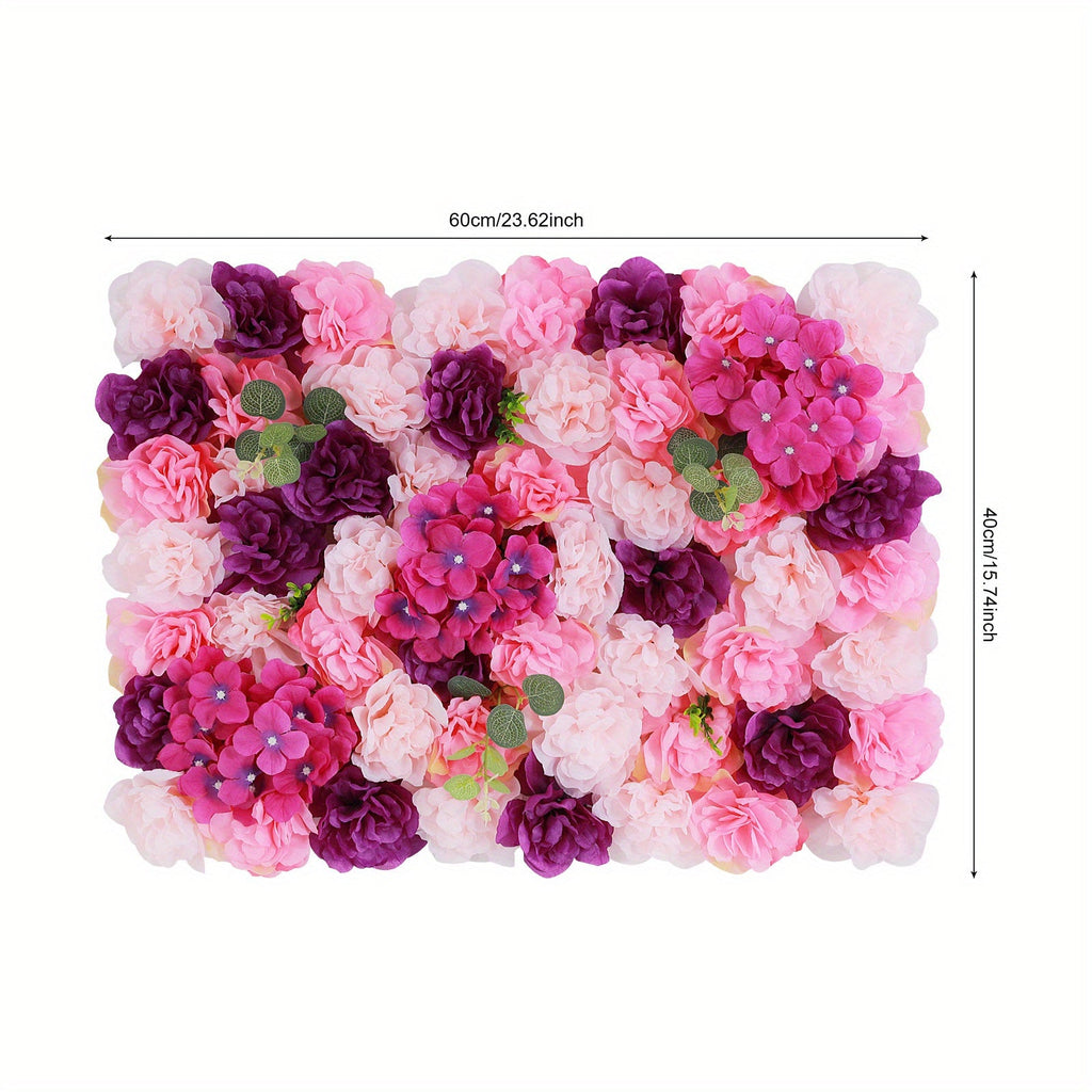 Artificial Flower Wall Decor Set, Pink Purple Dahlia Hydrangea Eucalyptus Flowers for Indoor Outdoor Home Wedding Party Decor, 23.62x15.75inch Each Panel