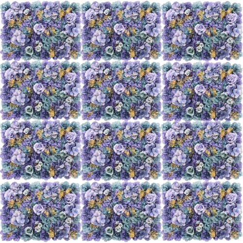 12 Pcs Flower Wall Panel, 24" x 16" Artificial Rose Hydrangea Backdrop, 3D Heavy Duty Faux Silk Floral Backdrop with 100 Zip Ties for Wedding Event Party Home Patio Decoration - Purple