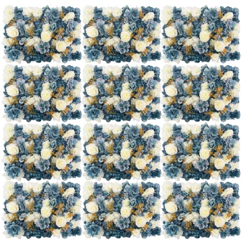 12 Pcs Flower Wall Panel, 24" x 16" Artificial Rose Hydrangea Backdrop, 3D Heavy Duty Faux Silk Floral Backdrop with 100 Zip Ties for Wedding Event Party Home Patio Decoration - Blue