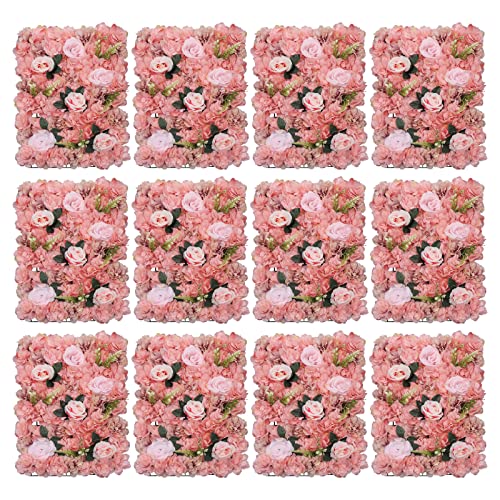 LOYALHEARTDY 4 Pack Artificial Flower Wall Panels 24" x 16" Blue & White Faux Hydrangea and Rose Artificial Flower Backdrop Panels for Wedding Party Event Flower Wall Decor - 12 Pcs, Dark Pink