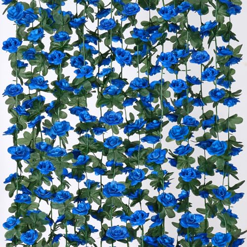 9 Pack 72 FT Artificial Flower Garland Fake Pink Roses Vines Silk Flowers - Blue / 9pcs