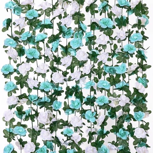 9 Pack 72 FT Artificial Flower Garland Fake Pink Roses Vines Silk Flowers - Blue and White / 9pcs