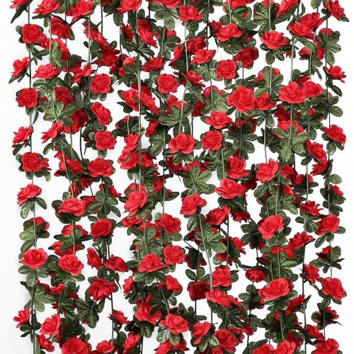 9 Pack 72 FT Artificial Flower Garland Fake Pink Roses Vines Silk Flowers - Red / 9pcs