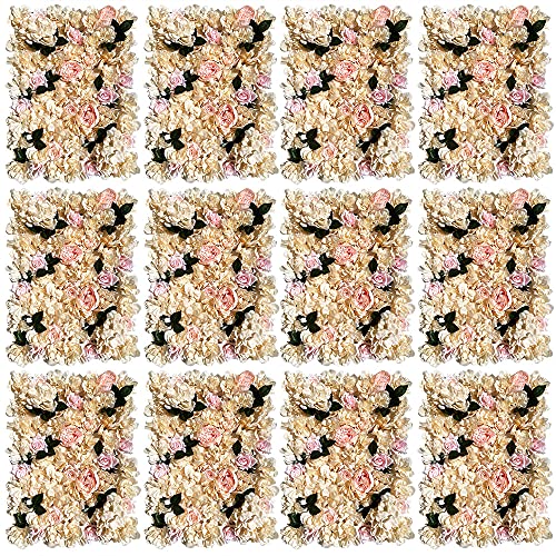 LOYALHEARTDY 4 Pack Artificial Flower Wall Panels 24" x 16" Blue & White Faux Hydrangea and Rose Artificial Flower Backdrop Panels for Wedding Party Event Flower Wall Decor - 12pcs, Khaki