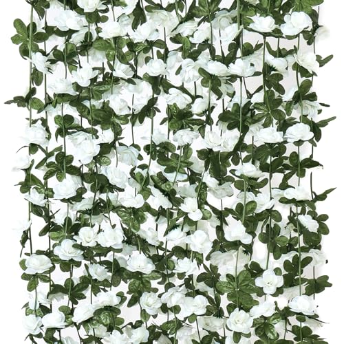 9 Pack 72 FT Artificial Flower Garland Fake Pink Roses Vines Silk Flowers - White / 9pcs