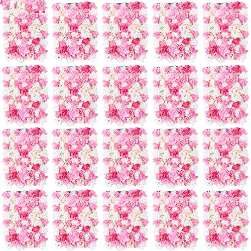LOYALHEARTDY 4 Pack Artificial Flower Wall Panels 24" x 16" Blue & White Faux Hydrangea and Rose Artificial Flower Backdrop Panels for Wedding Party Event Flower Wall Decor - 20pcs, Pink&white