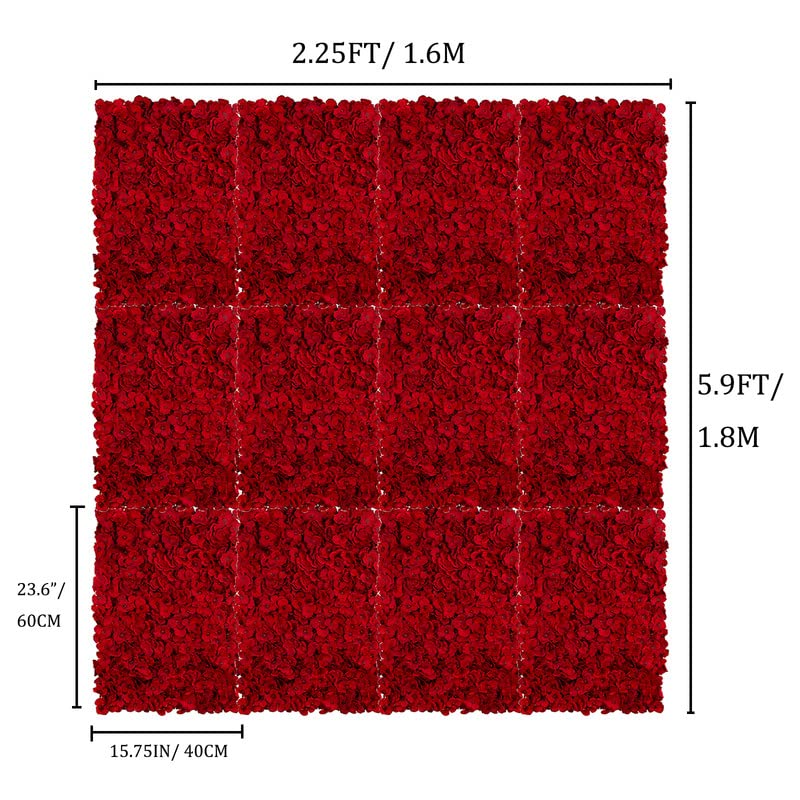 BLOSMON Red Flower Wall Backdrop for Wedding Decor, 12 Pcs, 24 x 16 Inches