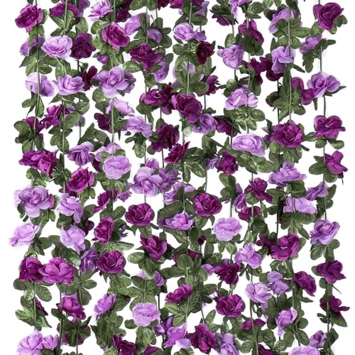 9 Pack 72 FT Artificial Flower Garland Fake Pink Roses Vines Silk Flowers - Purple / 9pcs