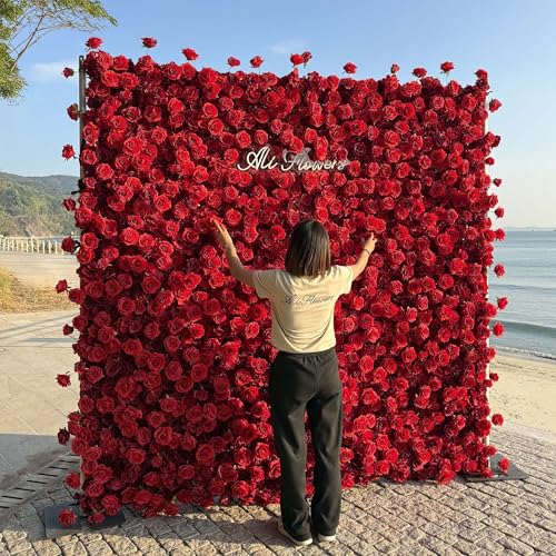 Luxury‌ Artificial Flower Wall Backdrop 5D Silk Purple Rose Flower Panel Wedding Baby Shower Party Birthday Decorative Quick Assembly - Crimson Red