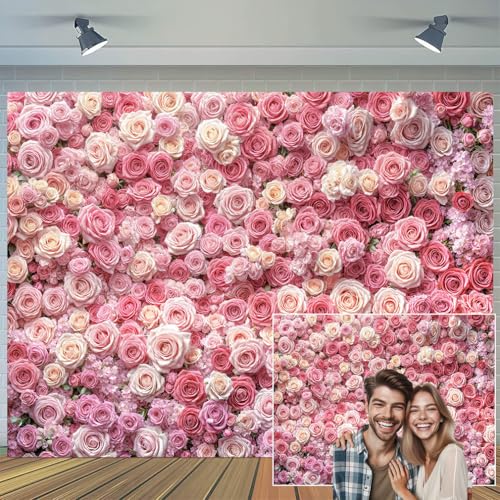 7x5ft Pink Rose Floral Flower Wall Backdrop Girls Wedding Birthday Bridal Shower Kids Portrait Background Photoshoot Cake Table Tea Party Photoshoot Decorations Photo Studio Props - 7X5FT / Pink01