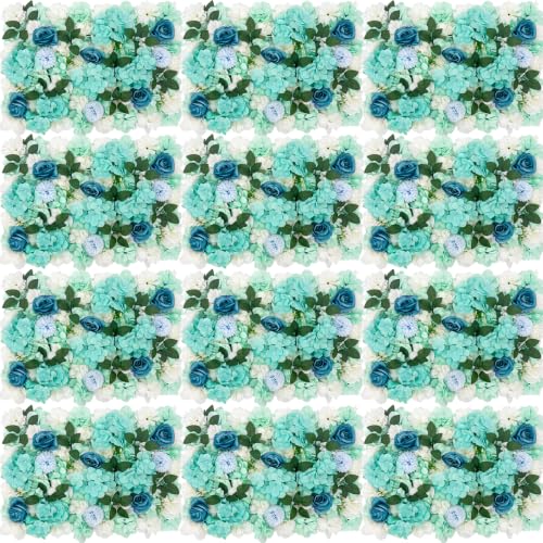 12 Pcs Flower Wall Panel, 24" x 16" Artificial Rose Hydrangea Backdrop, 3D Heavy Duty Faux Silk Floral Backdrop with 100 Zip Ties for Wedding Event Party Home Patio Decoration - Green