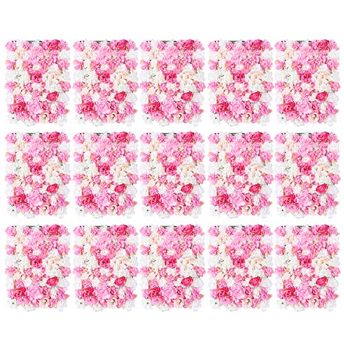 LOYALHEARTDY 4 Pack Artificial Flower Wall Panels 24" x 16" Blue & White Faux Hydrangea and Rose Artificial Flower Backdrop Panels for Wedding Party Event Flower Wall Decor - 15pcs, Pink&white