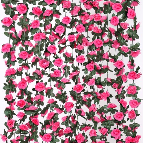 9 Pack 72 FT Artificial Flower Garland Fake Pink Roses Vines Silk Flowers - Hot Pink / 9pcs