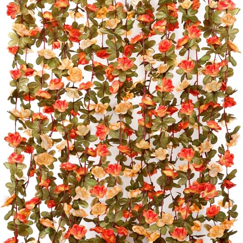 9 Pack 72 FT Artificial Flower Garland Fake Pink Roses Vines Silk Flowers - Orange / 9pcs