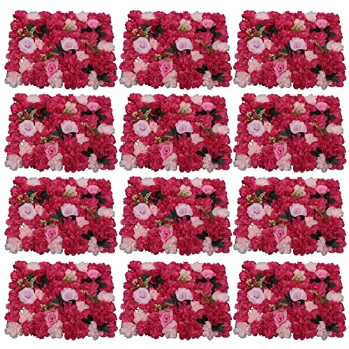 LOYALHEARTDY 4 Pack Artificial Flower Wall Panels 24" x 16" Blue & White Faux Hydrangea and Rose Artificial Flower Backdrop Panels for Wedding Party Event Flower Wall Decor - 12 Pcs, Red+leaf