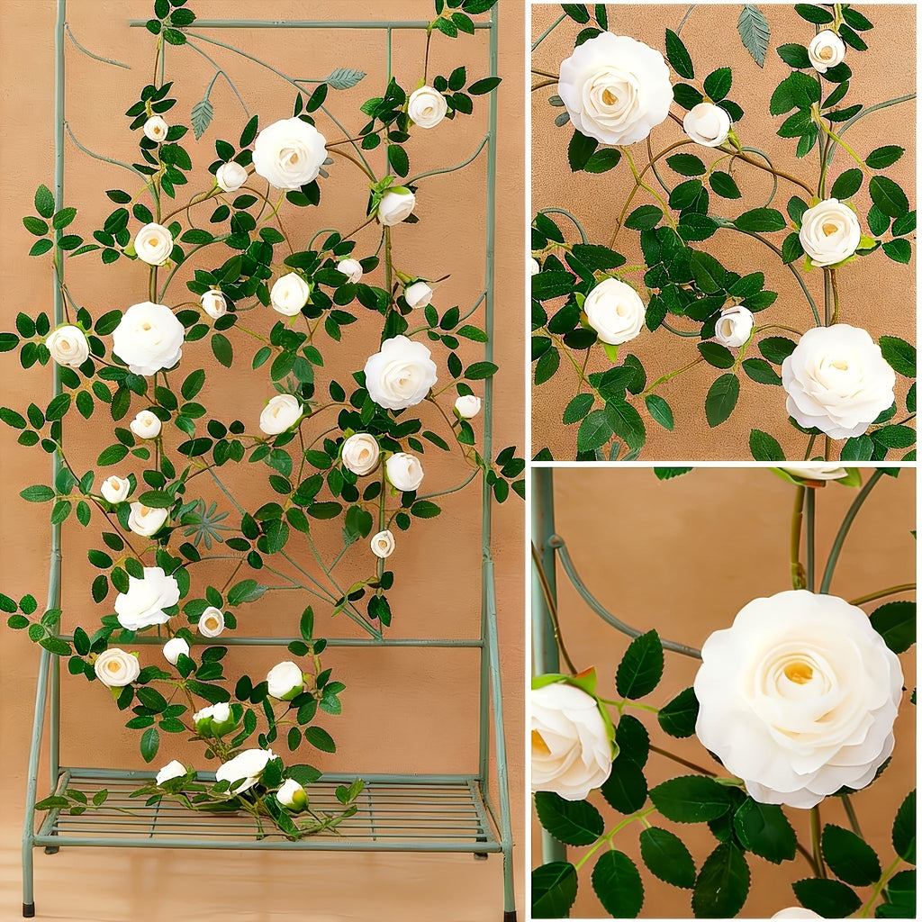3pcs Outdoor Artificial Mini Tea Rose Fake Flower Vine, Air Conditioner Pipe Cover Decorative Vine, Wall Wire Concealer Wall-Mounted Green Plant Flower Wall Landscape Plastic Plant, Suitable for Christmas, Thanksgiving, Valentine's Day