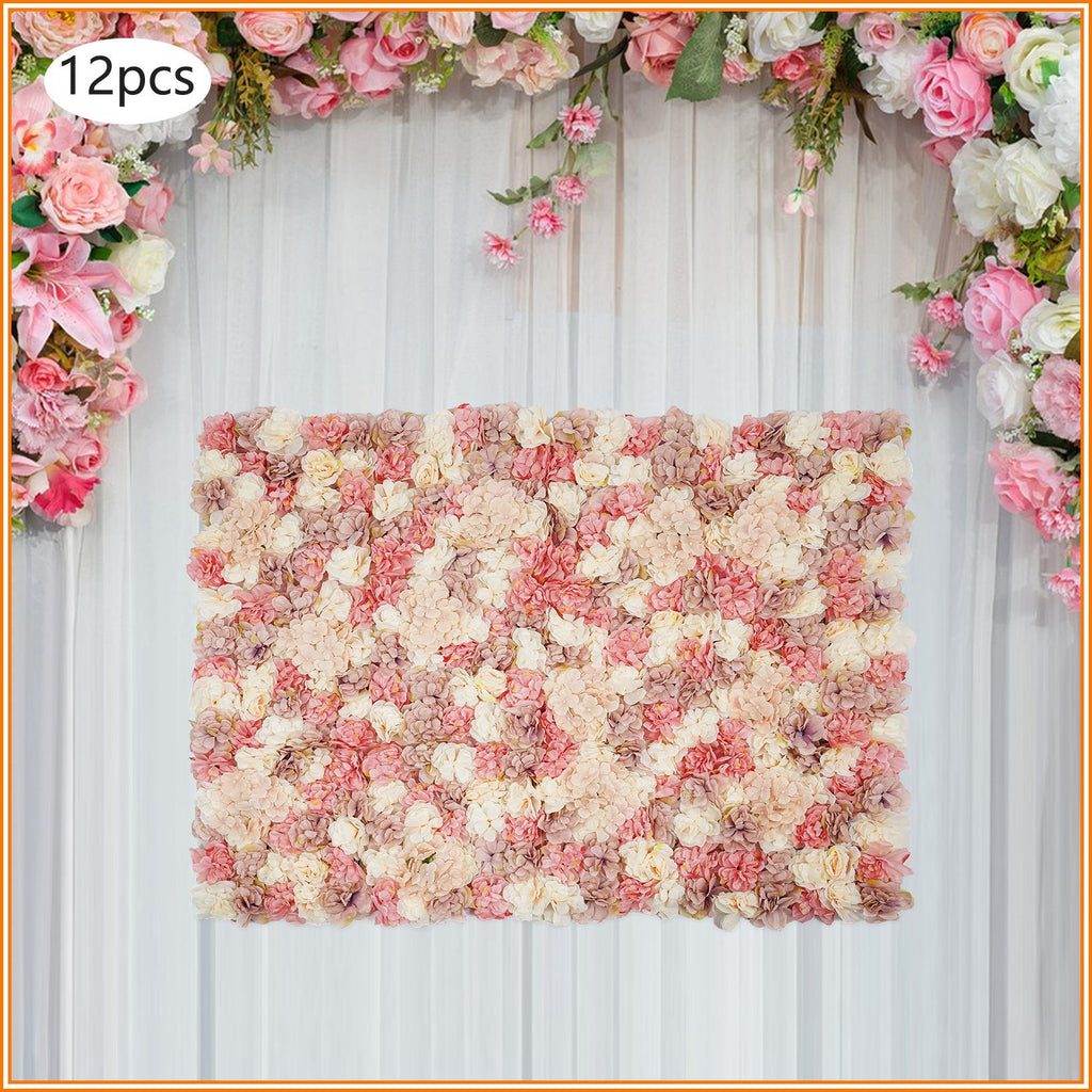 12pcs Artificial Vine Wall Panels with 100 Ties Autumn-Tone Dahlias, Mini Roses & Champagne Hydrangeas 14.96x14.96inch, Artificial Flowers Wall Panels, Decoration, Suitable for Various Party Decorations Such as Bridal Showers, Birthday Parties
