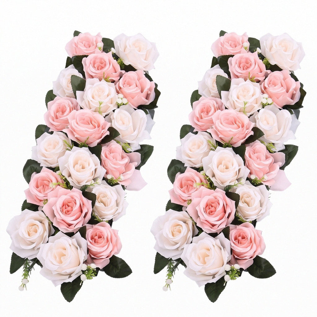 2pcs Long Row Faux Roses Garland - Realistic Fabric Fake Flowers Suitable for Wedding Arch Centerpiece, Table, Wall Decor, Cream White & Pink Wedding Arrangements, Faux Flower Decorations for Table Centerpieces