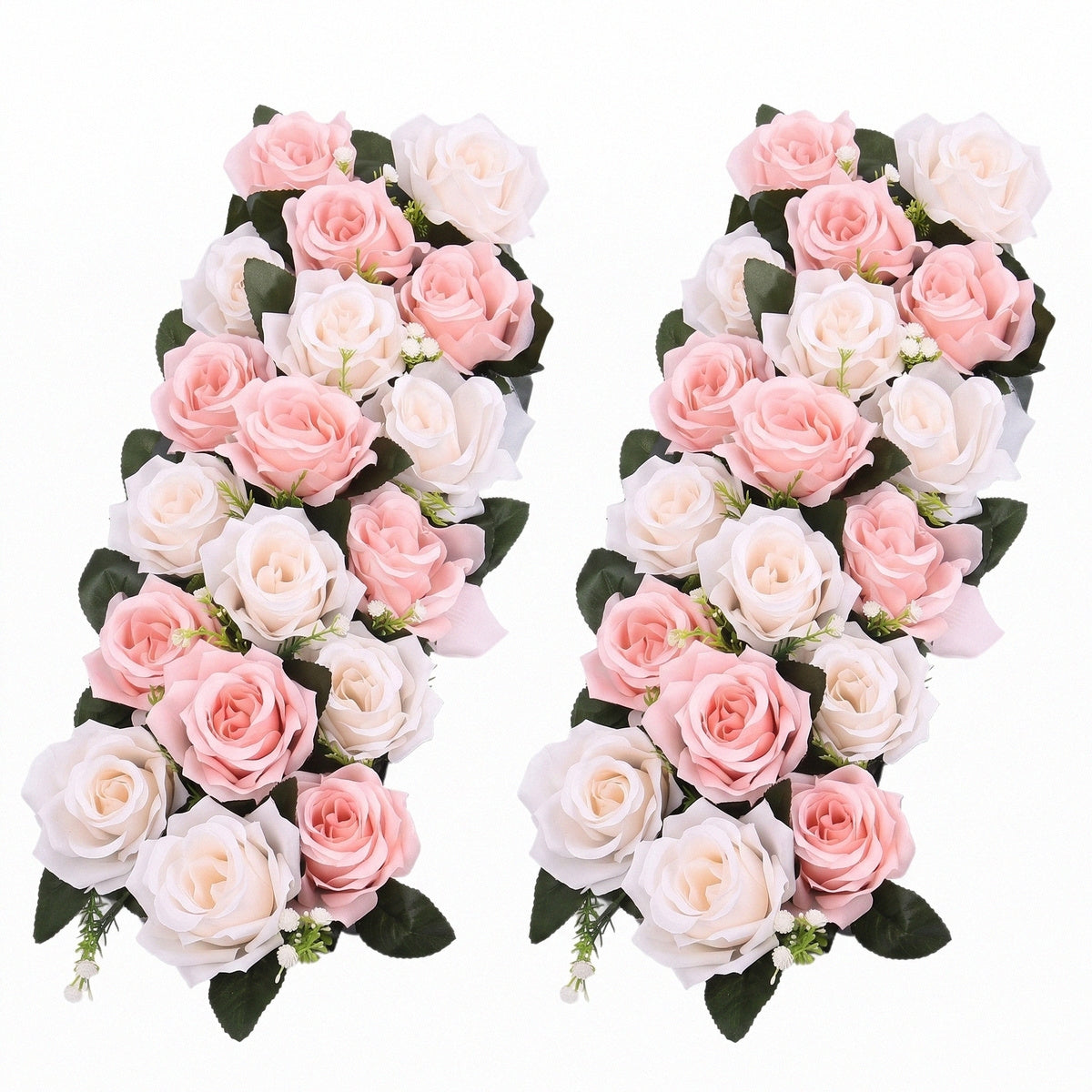 2pcs Long Row Faux Roses Garland - Realistic Fabric Fake Flowers Suitable for Wedding Arch Centerpiece, Table, Wall Decor, Cream White & Pink Wedding Arrangements, Faux Flower Decorations for Table Centerpieces