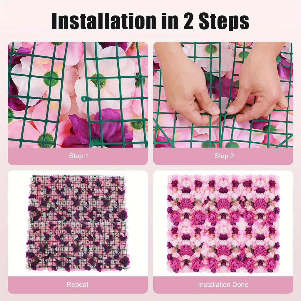 Artificial Flower Wall Decor Set, Pink Purple Dahlia Hydrangea Eucalyptus Flowers for Indoor Outdoor Home Wedding Party Decor, 23.62x15.75inch Each Panel