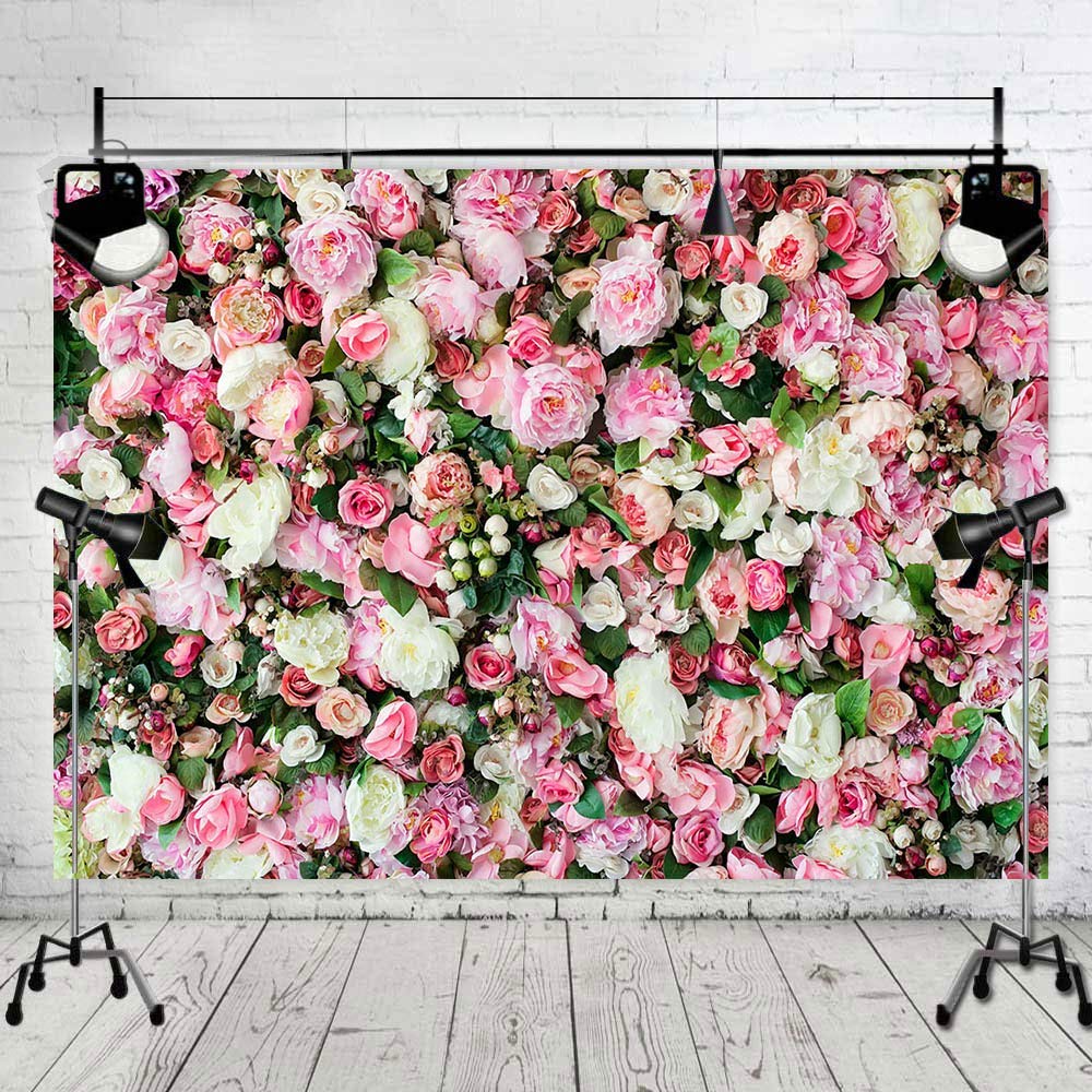 7x5ft Pink Rose Floral Flower Wall Backdrop Girls Wedding Birthday Bridal Shower Kids Portrait Background Photoshoot Cake Table Tea Party Photoshoot Decorations Photo Studio Props