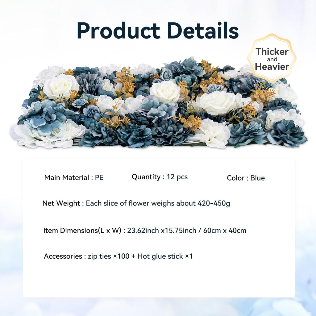 12 Pcs Flower Wall Panel, 24" x 16" Artificial Rose Hydrangea Backdrop, 3D Heavy Duty Faux Silk Floral Backdrop with 100 Zip Ties for Wedding Event Party Home Patio Decoration