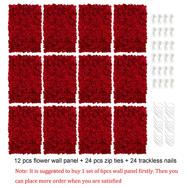 BLOSMON Red Flower Wall Backdrop for Wedding Decor, 12 Pcs, 24 x 16 Inches