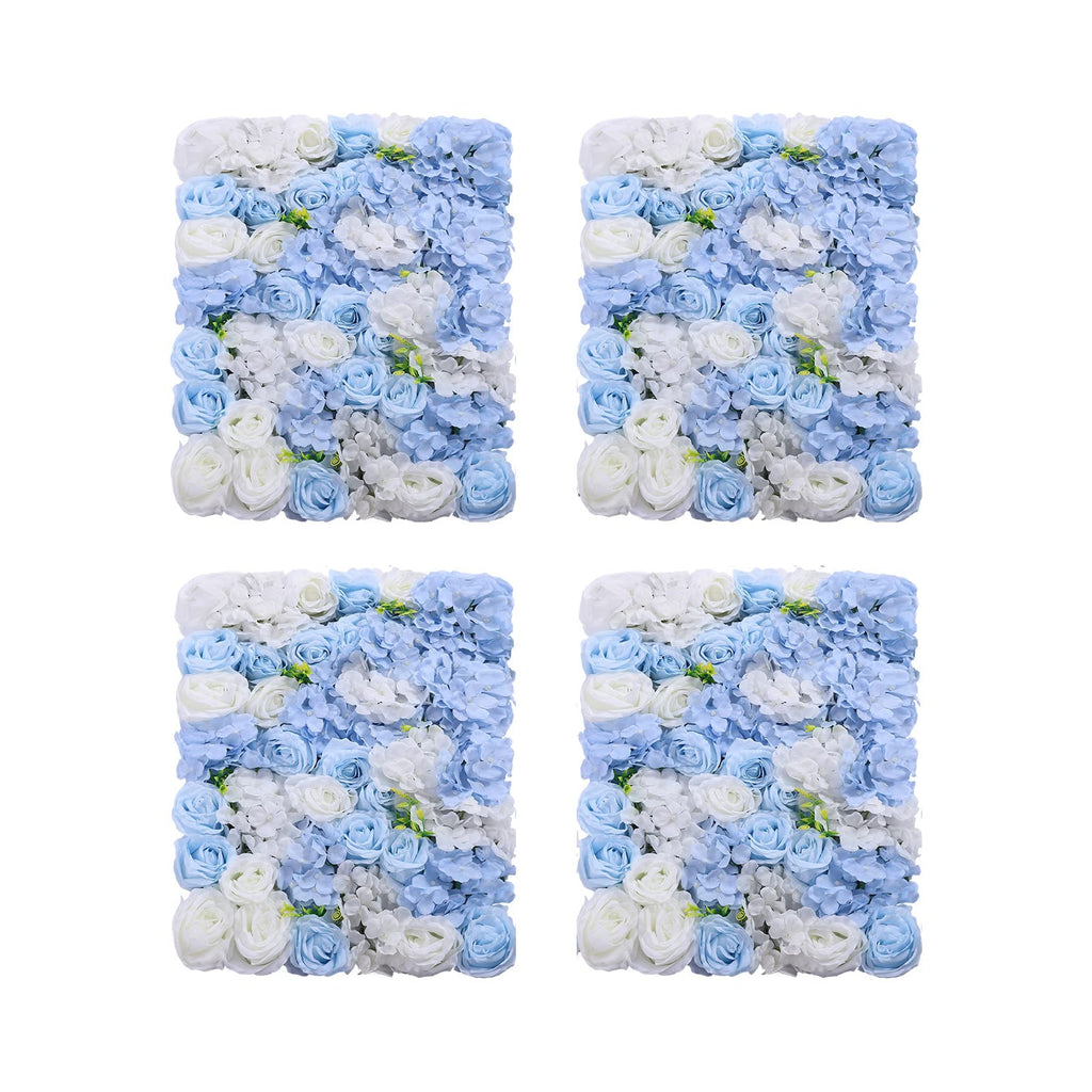 LOYALHEARTDY 4 Pack Artificial Flower Wall Panels 24" x 16" Blue & White Faux Hydrangea and Rose Artificial Flower Backdrop Panels for Wedding Party Event Flower Wall Decor