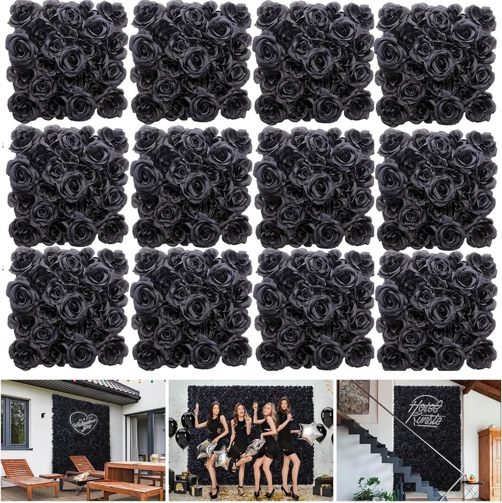 Flower Wall Panels 12PCS Artificial Flowers Decoration Black Fake Rose Wall Background Arrangements Large Silk Floral Backdrop for Indoor And Outdoor Wedding Decor, Party,Villa, Garage,Funeral (12)