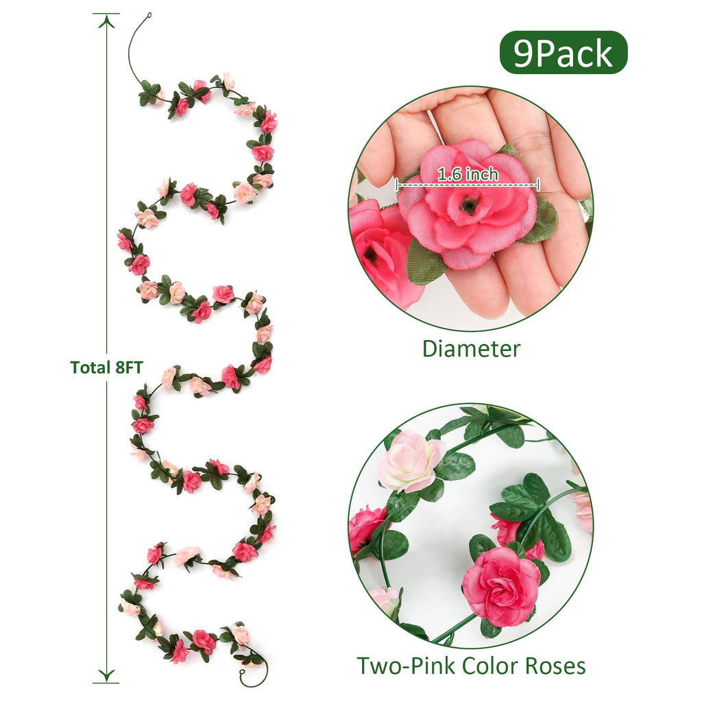9 Pack 72 FT Artificial Flower Garland Fake Pink Roses Vines Silk Flowers