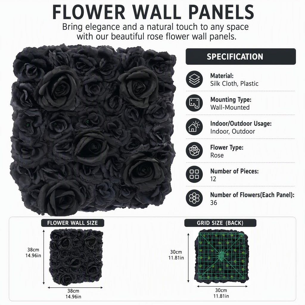 Flower Wall Panels 12PCS Artificial Flowers Decoration Black Fake Rose Wall Background Arrangements Large Silk Floral Backdrop for Indoor And Outdoor Wedding Decor, Party,Villa, Garage,Funeral (12)