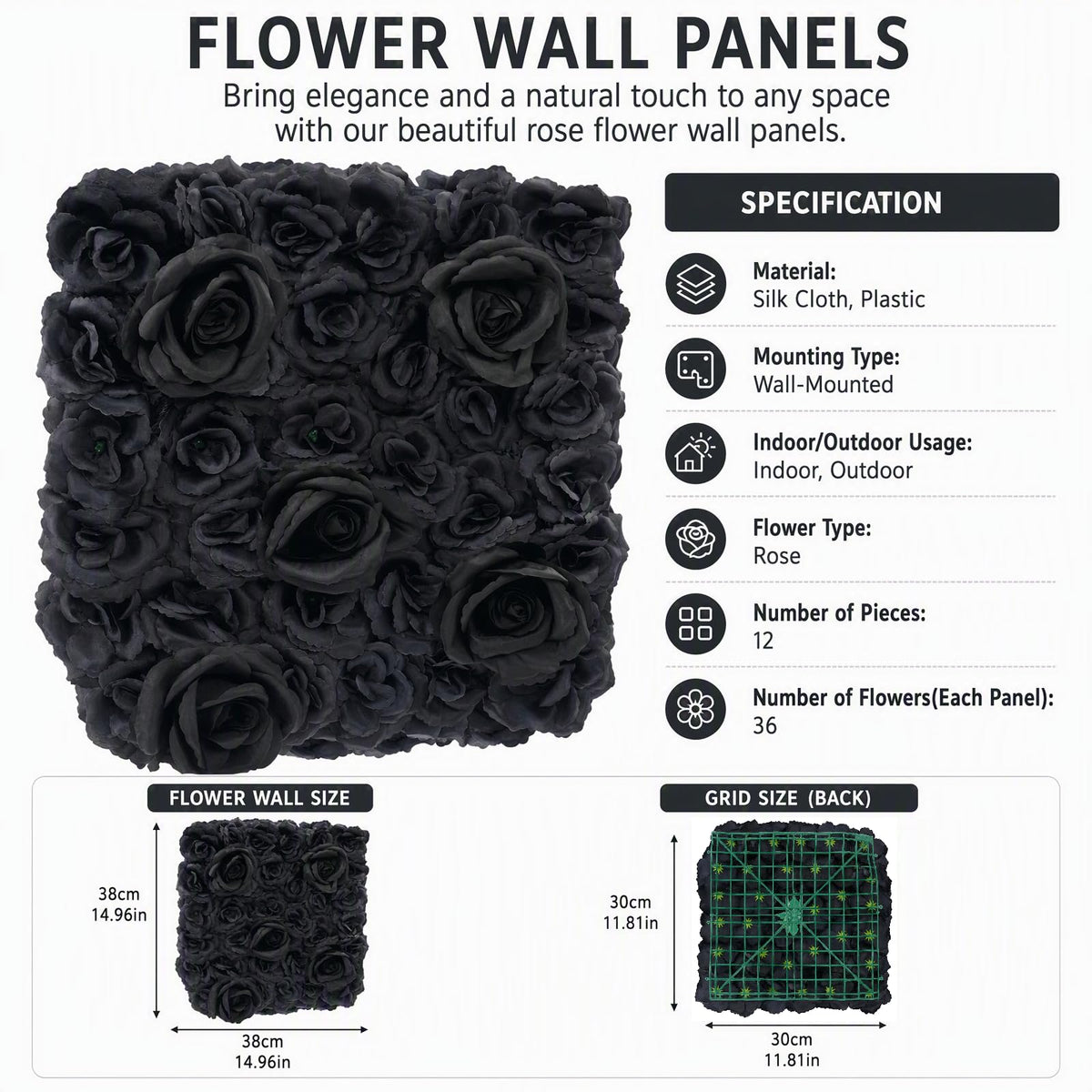 Flower Wall Panels 12PCS Artificial Flowers Decoration Black Fake Rose Wall Background Arrangements Large Silk Floral Backdrop for Indoor And Outdoor Wedding Decor, Party,Villa, Garage,Funeral (12)