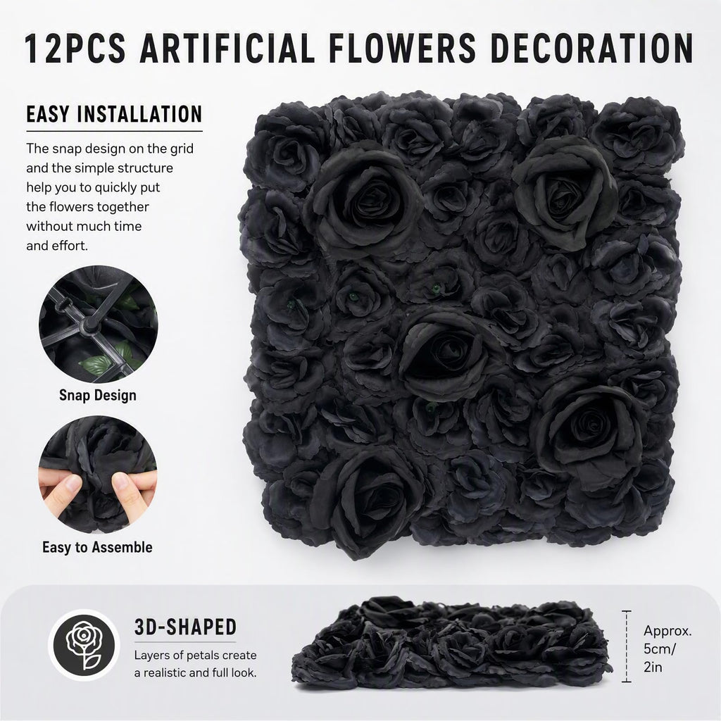 Flower Wall Panels 12PCS Artificial Flowers Decoration Black Fake Rose Wall Background Arrangements Large Silk Floral Backdrop for Indoor And Outdoor Wedding Decor, Party,Villa, Garage,Funeral (12)