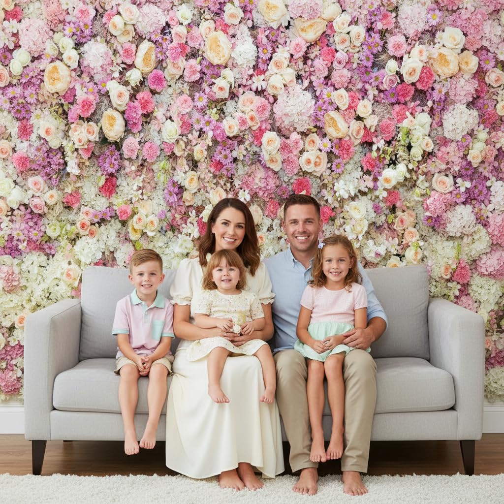 7x5ft Pink Rose Floral Flower Wall Backdrop Girls Wedding Birthday Bridal Shower Kids Portrait Background Photoshoot Cake Table Tea Party Photoshoot Decorations Photo Studio Props