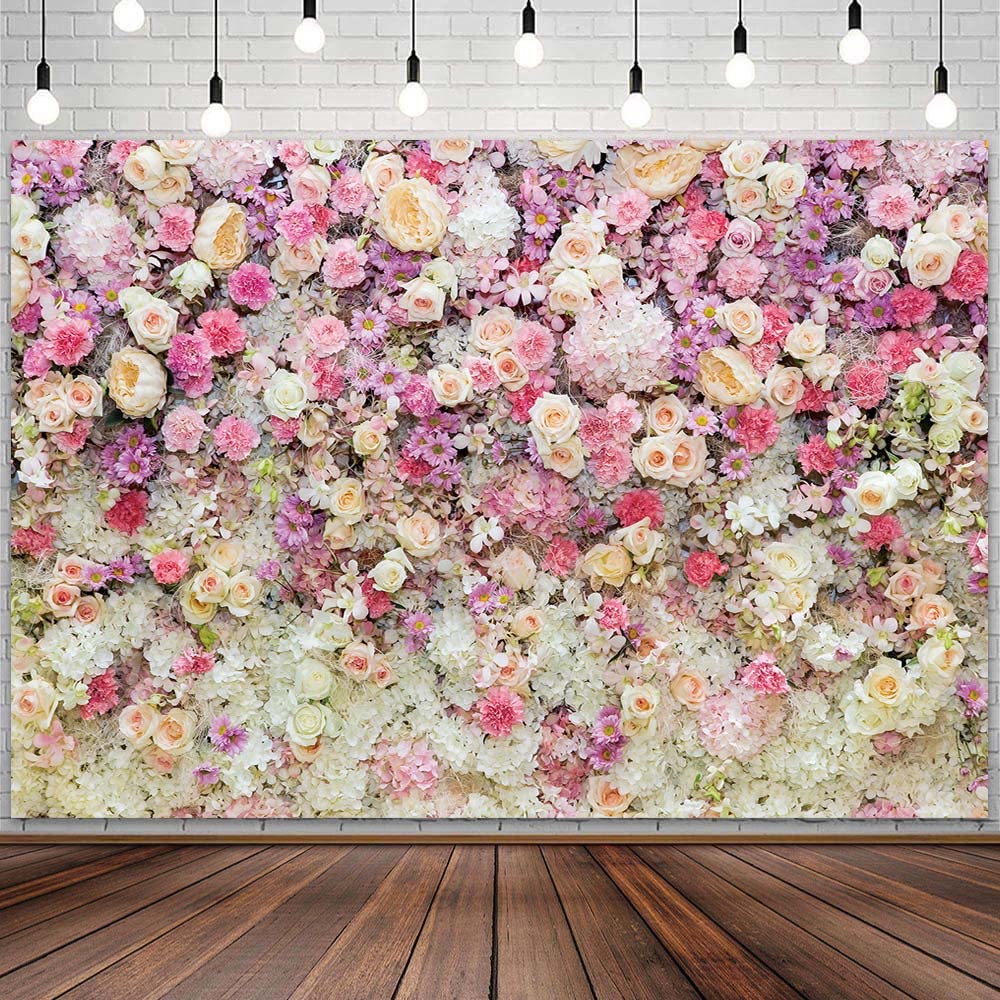 7x5ft Pink Rose Floral Flower Wall Backdrop Girls Wedding Birthday Bridal Shower Kids Portrait Background Photoshoot Cake Table Tea Party Photoshoot Decorations Photo Studio Props