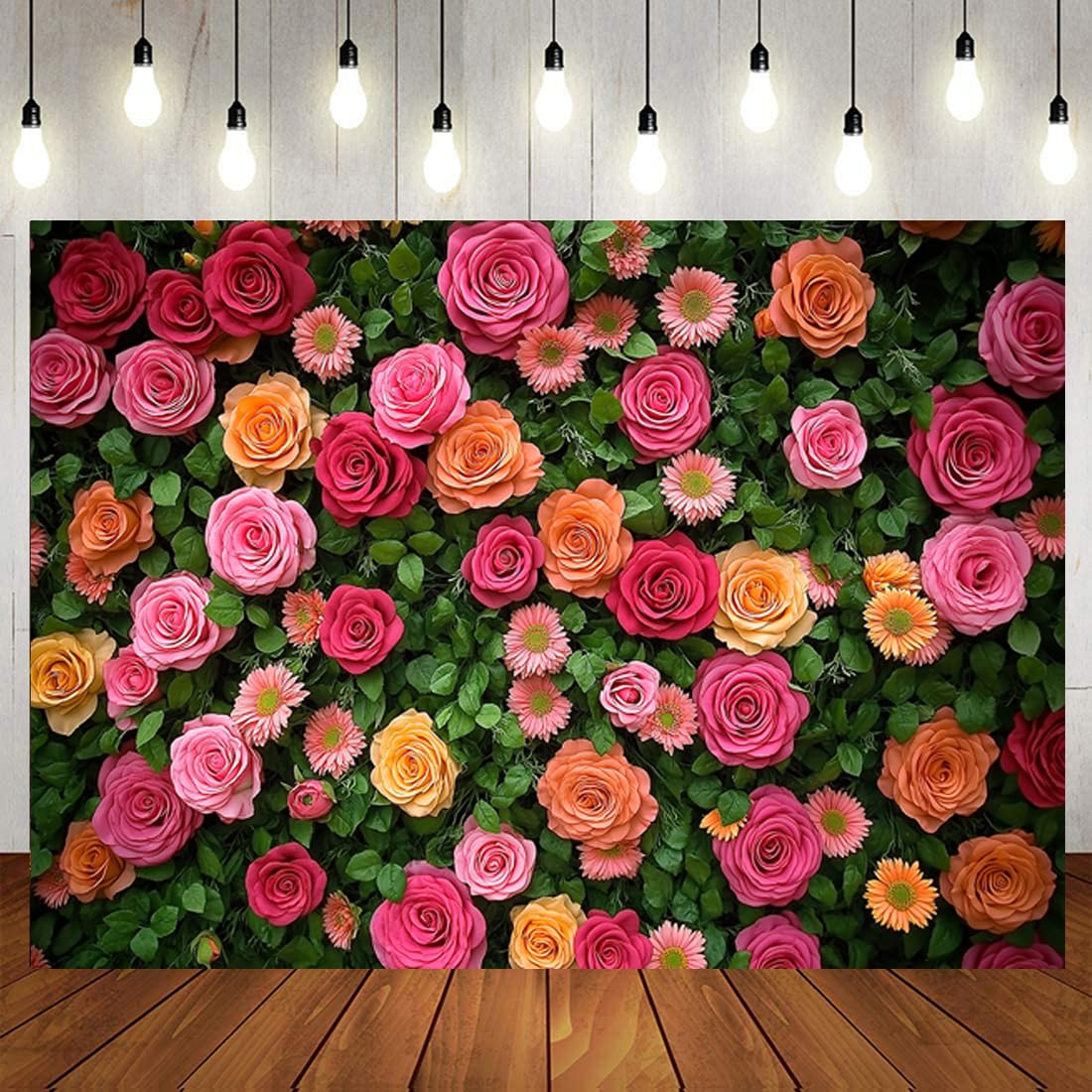 7x5ft Pink Rose Floral Flower Wall Backdrop Girls Wedding Birthday Bridal Shower Kids Portrait Background Photoshoot Cake Table Tea Party Photoshoot Decorations Photo Studio Props